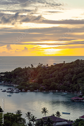 Aerial view of tropical bay at sunset Koh Tao, Thailand