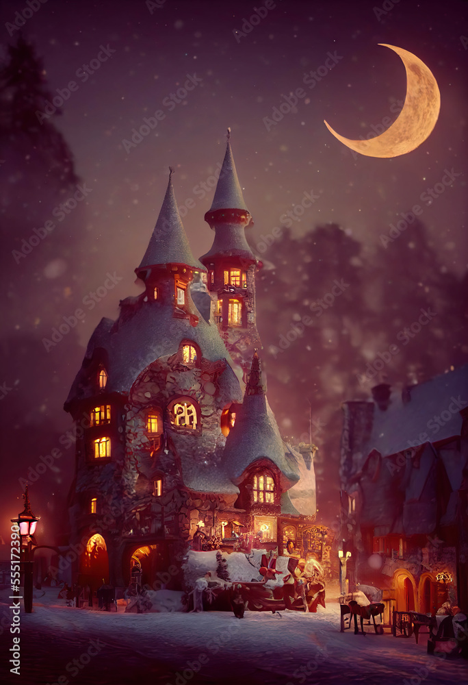 Fototapeta premium Beautiful medieval castle with lights in the windows, winter night, snowfall, crescent in the sky, AI generated image