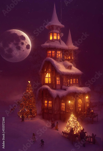 Beautiful medieval castle with lights in the windows, Christmas trees, winter night, full moon in the sky, AI generated image