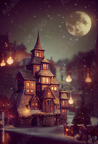 Beautiful old mansion, night winter scene with snow and the full moon, AI generated image