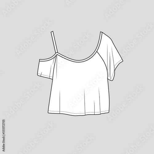One Shoulder strap Crop Top Fashion Cad Flat Sketch technical drawing Template vector