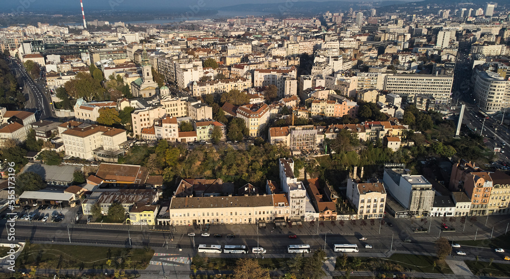 Ancient city houses in Belgrade aerial view. Densely populated urban area with houses landscape. High quality photo