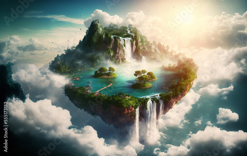 Generative AI illustration of fantasy landscape with floating island in the sky photo