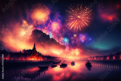 New year 2023 background with fireworks  Happy new year 2023 background with fireworks and lighting.