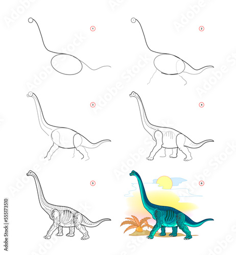 How to draw brontosaurus. Educational page for children. Creation step by step prehistoric animal illustration. Printable worksheet for kids school exercise book. Online education. Vector drawing.