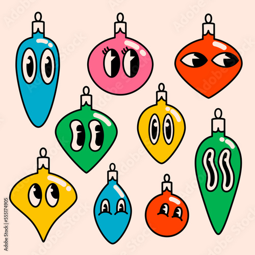 Merry Christmas and Happy New year trendy retro cartoon characters. Groovy hi...