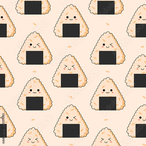 Seamless pattern with kawaii onigiri on light background. photo