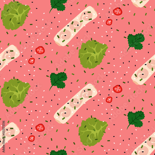 Seamless pattern with vietnamese rolled sheets or banh cuon on pink background.