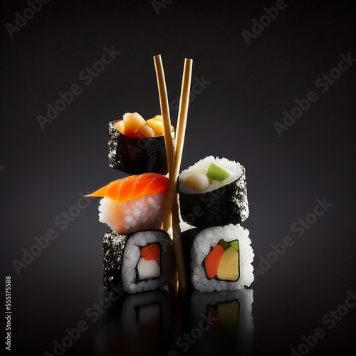pieces of sushi with chopsticks, generative ai
