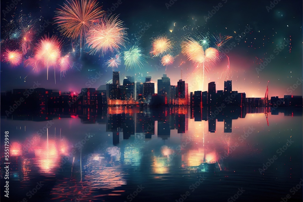 New year's eve fireworks, city skyline - generative ai