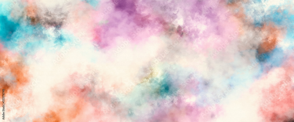 background with watercolor clouds. old vintage beautiful background with distressed texture and grunge design with black border. Cosmic neon polar lights watercolor background.