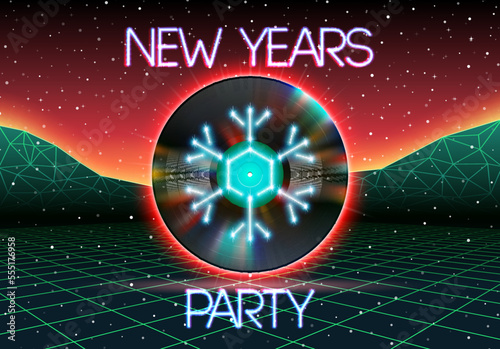 New years party invitation poster or flyer with 80s neon style and vinyl lp for dj