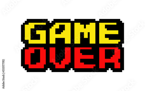 Isolated funky colorful screen with the text Game Over. 8 bit retro style, red and yellow characters, surrounded by a black outline.
