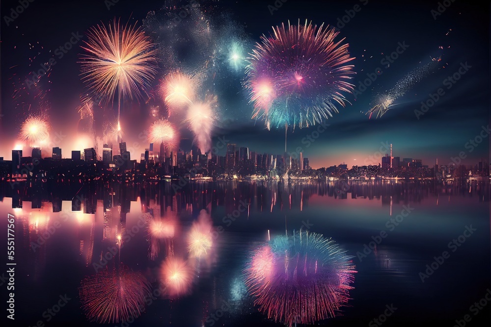 New year's eve fireworks, city skyline - generative ai
