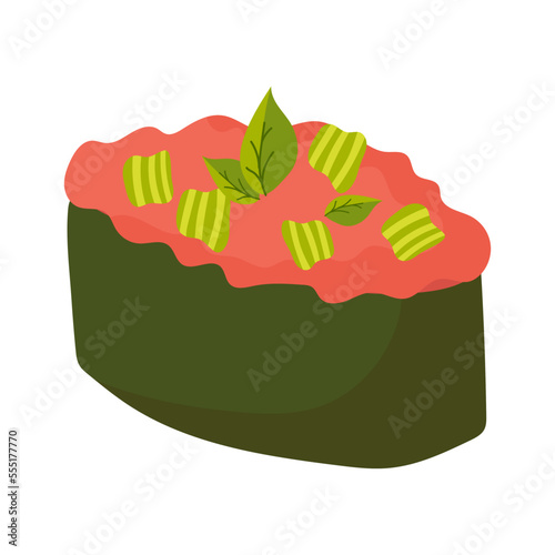 Sushi with seafood or fish. Gunkan maki with tuna. Asian cuisine. Vector illustration isolated on white background