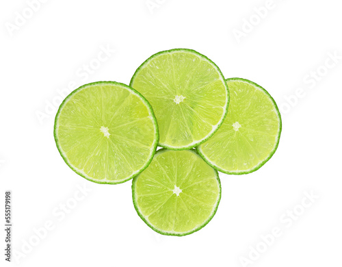 Slices of lime fruit isolated on white background. Top view
