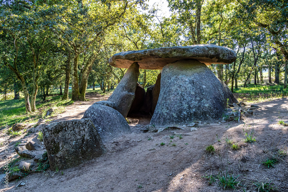 Prehistoric megalithic Dolmen de Axeitos at Riveira, Rias Baixas, Coruna, Galicia, Spain Prehistoric megalithic Dolmen de Axeitos at Riveira, Rias Baixas, Coruna, Galicia, Spain