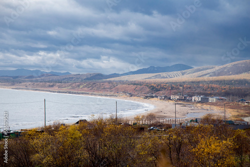 landscape of mountains among the sea and surf waves