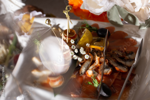 top view of the fish cuts in the assortment on a festive white plate