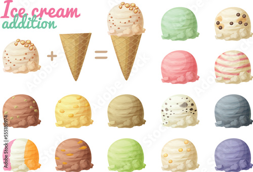 Ice cream vector illustration, icecream scoops and cone cartoon icons, vanilla chocolate mint nut chips flavors soft ice cream balls