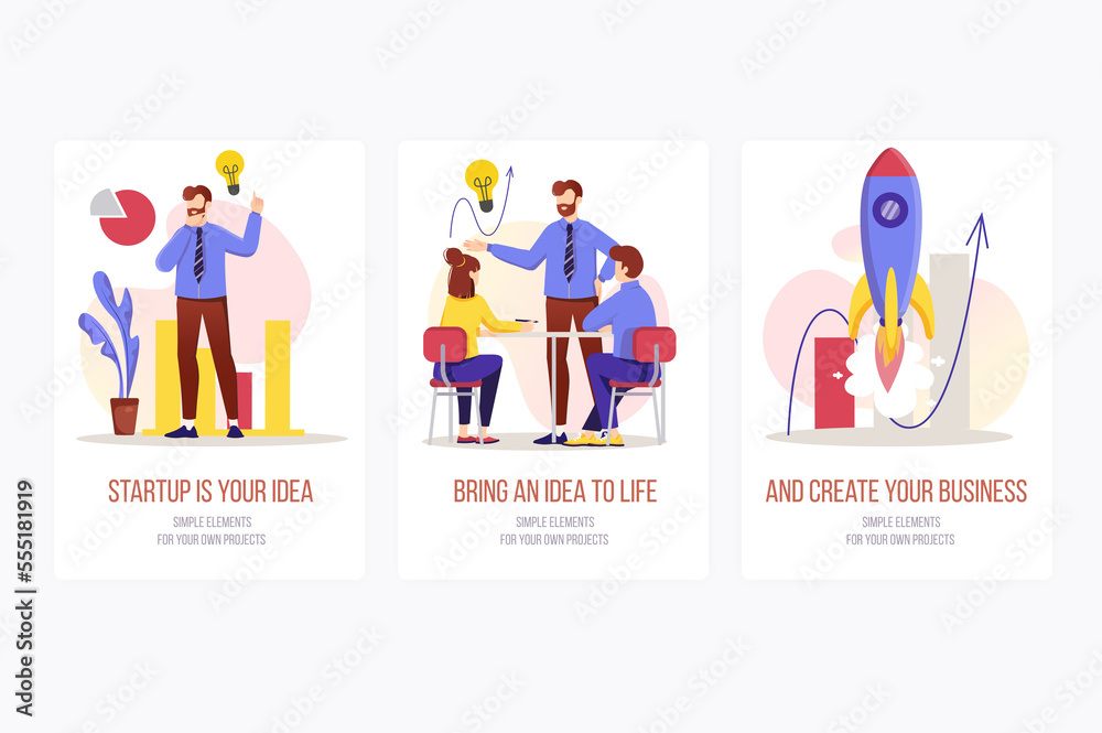 Startup concept onboarding screens. Businessman generates idea, working with team and launches business. Modern UI, UX, GUI user interface kit with people scene for web design.