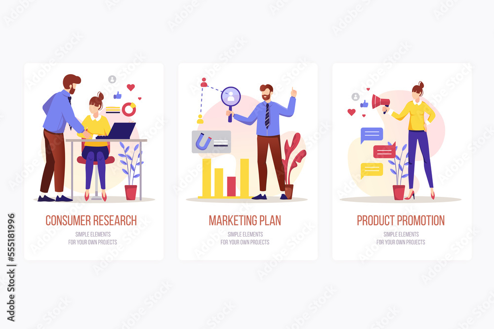 Marketing concept onboarding screens. Team does consumer research, creates plan and promotes product. Modern UI, UX, GUI user interface kit with people scene for web design.