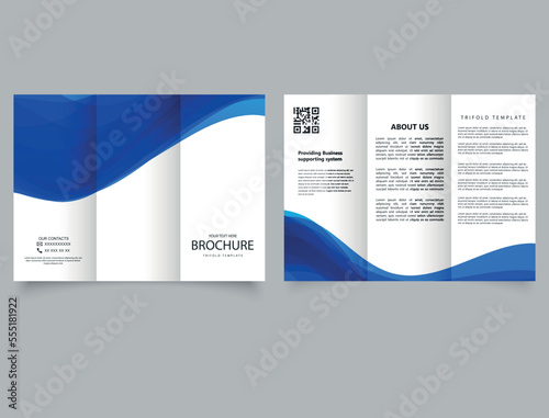 Trifold brochure with blue waves. Flyer design for advertising.