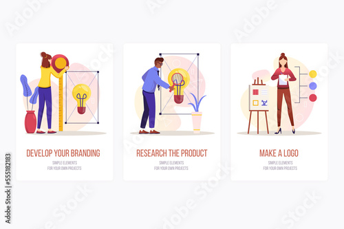 Branding concept onboarding screens. Designers develops brand  studies product  makes logo for business. Modern UI  UX  GUI user interface kit with people scene for web design.