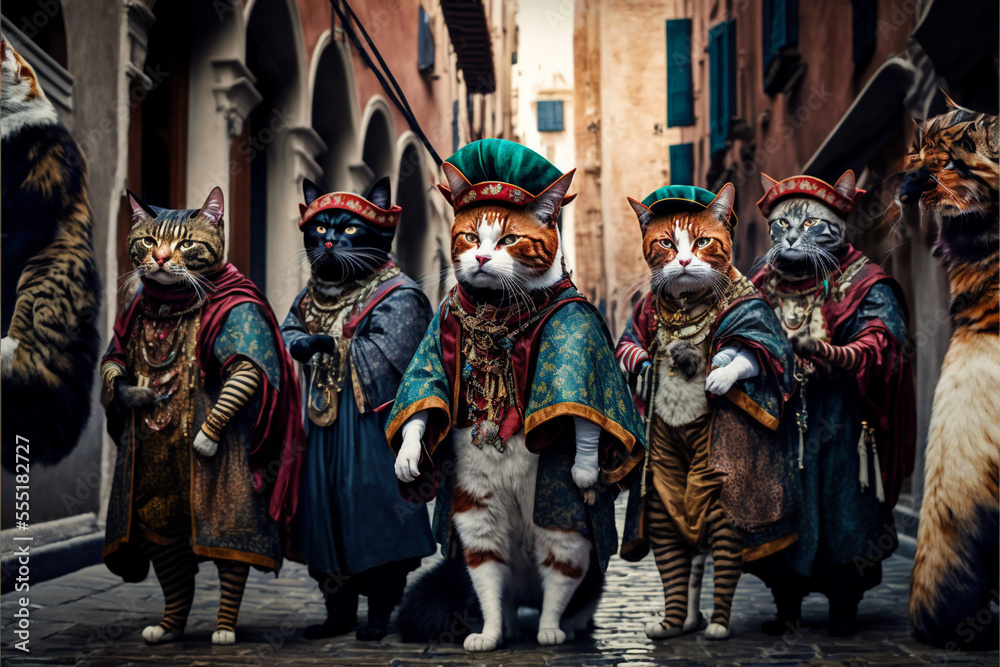 a brigade of cats wearing costumes at the venice carnival a brigade of cats wearing costumes at the venice carnival