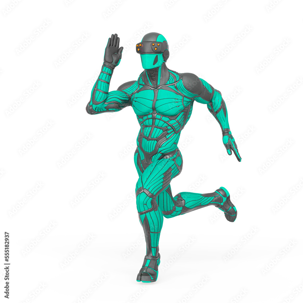 super hero in a exosuit is running in action super hero in a exosuit is running in action