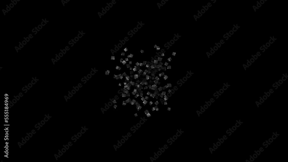 Exploding 3d grey cubes in space on black background with Alpha Channel. Abstract festive background for advertising, congratulations, text. Scientific concept. 3D animation Exploding 3d grey cubes in space on black background with Alpha Channel. Abstract festive background for advertising, congratulations, text. Scientific concept. 3D animation