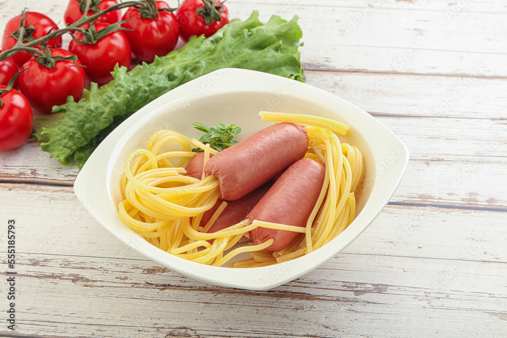 Mini sausages with pasta spaghetti Mini sausages with pasta spaghetti