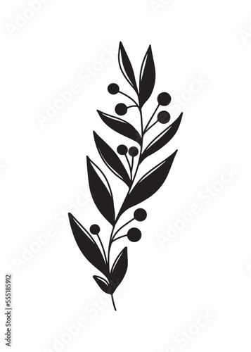Branch with leaves and berries in black isolated on white background. Hand drawn vector silhouette illustration in modern trendy simple doodle outline style. Floral trendy design, print.