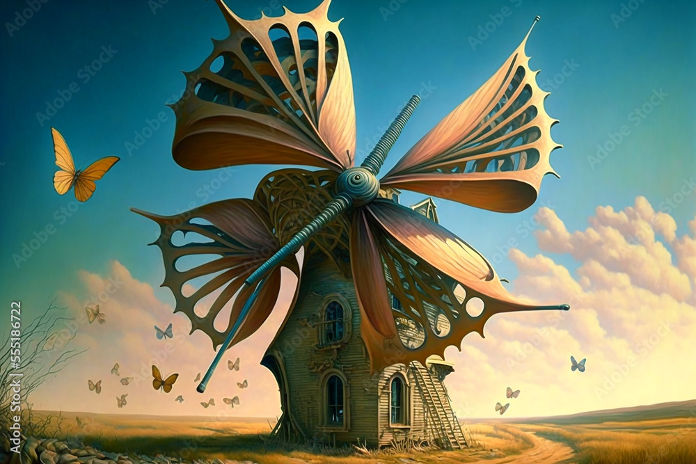  beautiful old windmill with a butterfly. Generative AI