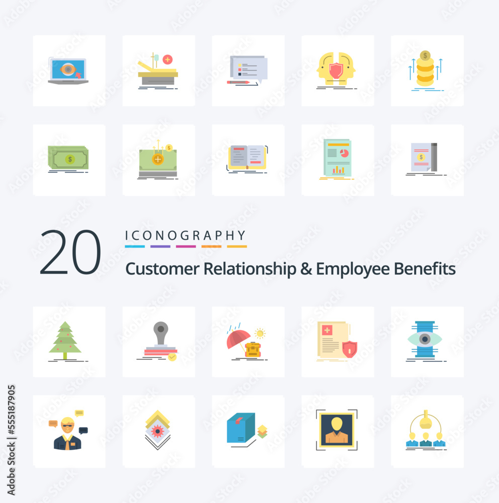 20 Customer Relationship And Employee Benefits Flat Color icon Pack like eye medical summer sheild document