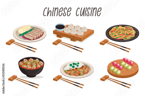 Chinese cuisine. Peking duck, xiao long bao (dumplings), ma po tofu, chow mein, pork in sweet and sour sauce, tang hulu (fruits in sugar syrup) with wooden sticks. Vector graphic.