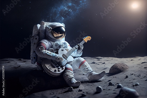 Picture of astronaut with guitar - man or woman in suit with helmet photo