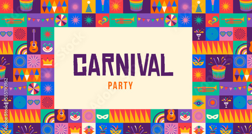 Happy Carnival, colorful geometric background with splashes, speech bubbles, masks and confetti 