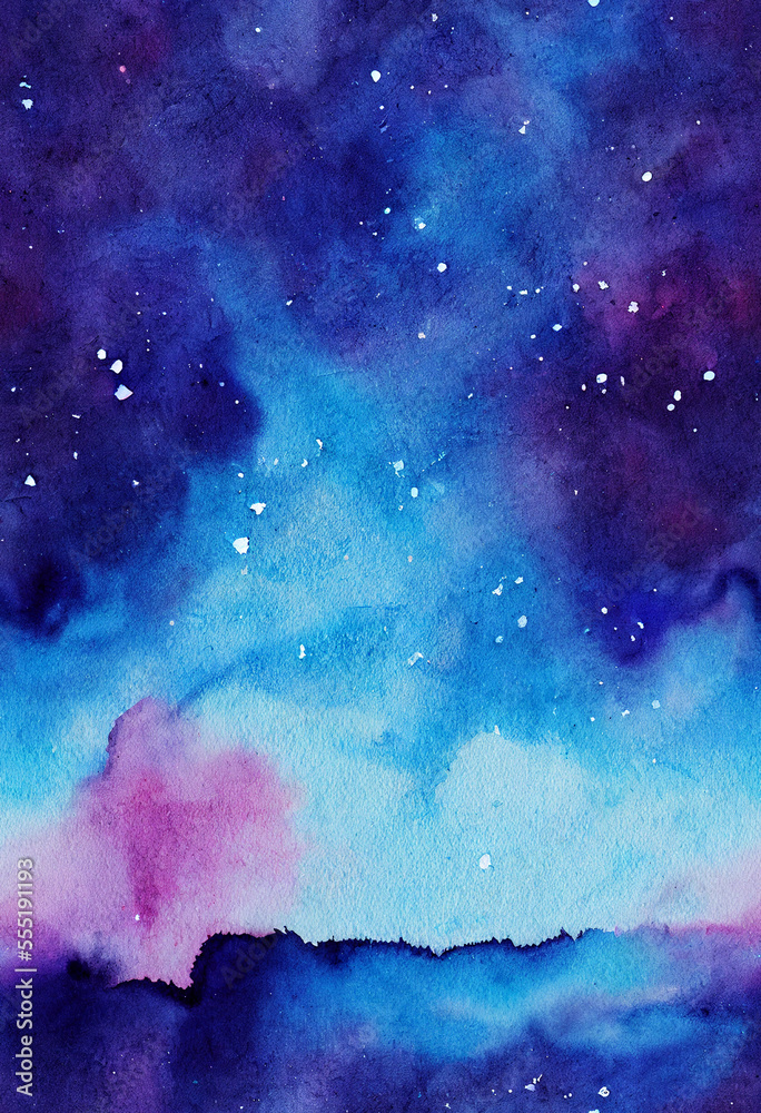 Fototapeta premium Blue focused galaxy watercolor background design Generative AI