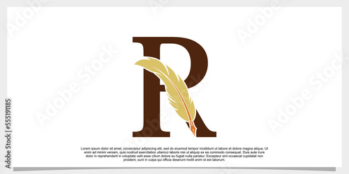letter r feather logo design with feather pen icon concept