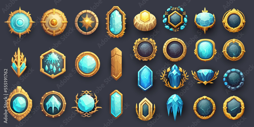 Fototapeta premium Game ui fantasy frames, rank frames, Ui game borders evolution wooden,medieval ancient facecam menu. A beautiful fantastic children's play template isolated on background. Vector illustration