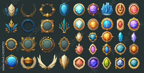 Game ui fantasy frames, rank frames, Ui game borders evolution wooden,medieval ancient facecam menu. A beautiful fantastic children's play template isolated on background. Vector illustration