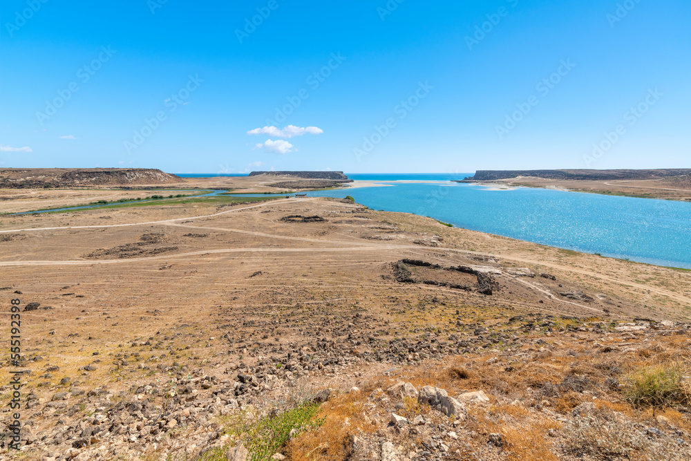 The Khor Rori estuary lagoon along the coast of the Arabian Sea, site of the ancient frankincense trade city of Sumhuram near Taqah Oman.