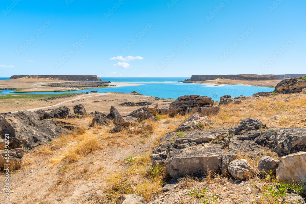 The Khor Rori estuary lagoon along the coast of the Arabian Sea, site of the ancient frankincense trade city of Sumhuram near Taqah Oman.