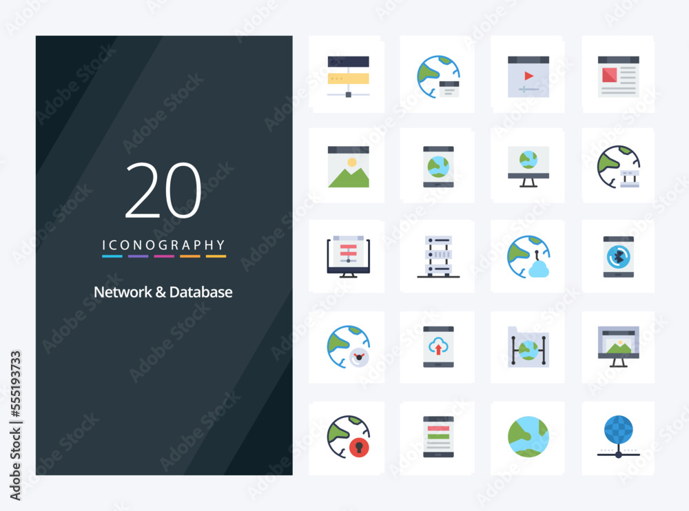 20 Network And Database Flat Color icon for presentation