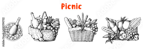 Picnic basket sketch collection. Hand drawn vector illustration. Summer food outdoors. Picnic basket with food sketch set. Food and drink illustration.