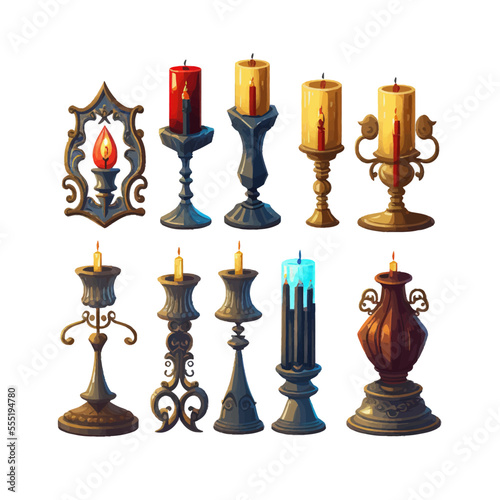 Cartoon ancient candlesticks, wax candle vintage holders. Isolated on background. Cartoon flat vector illustration