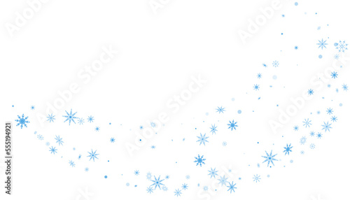 Blue delicate openwork snowflakes are scattered on a white background. Festive background, new year or christmas design