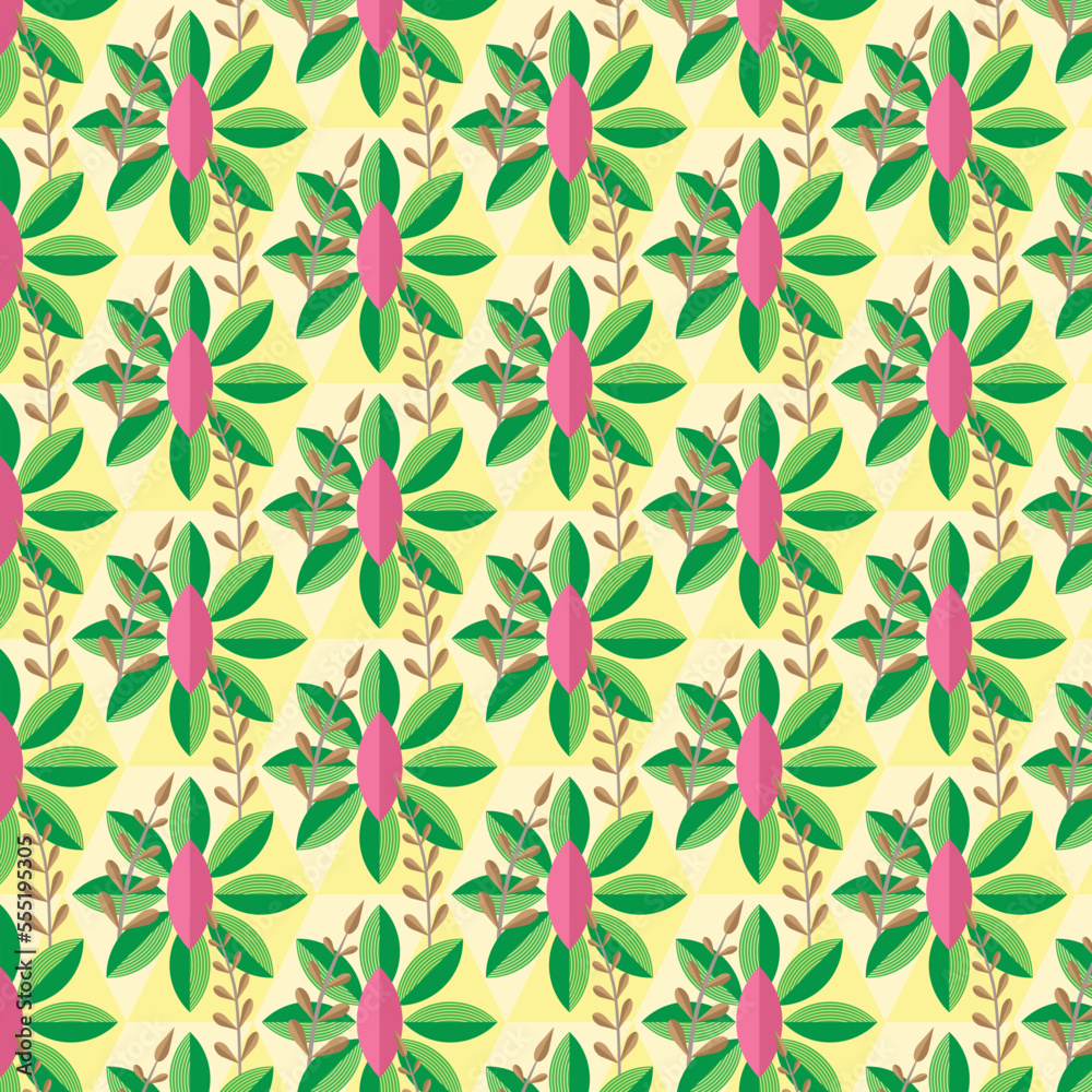 seamless floral vector pattern swatch with green leafs, brown hay and pink flower