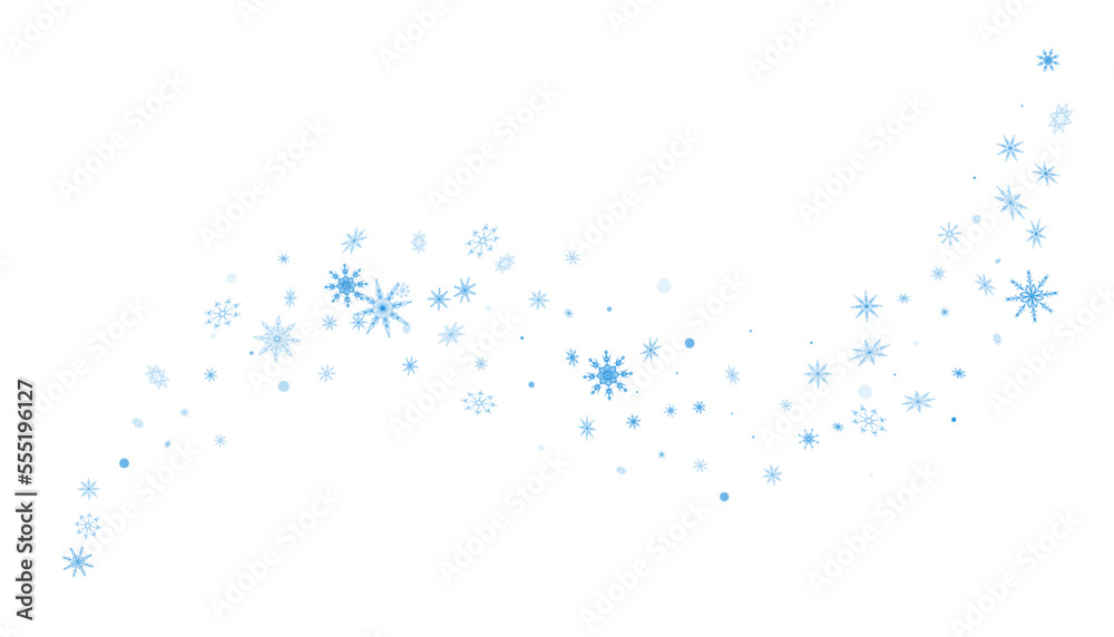 Blue delicate openwork snowflakes are scattered on a white background. Festive background, new year or christmas design